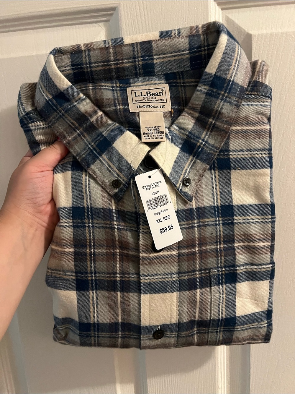 L.L. Bean Men’s Cream, Blue & Brown Plaid Button-Down Shirt